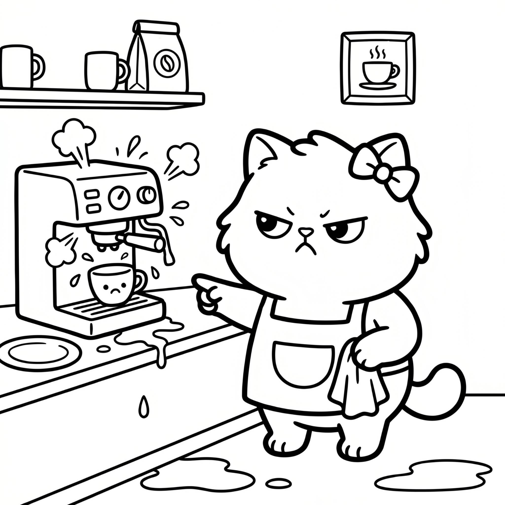 Broken espresso machine cat coloring page preview