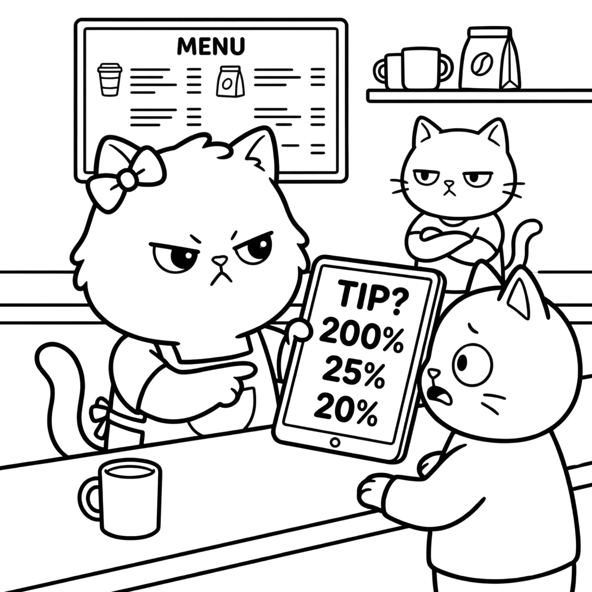 Tip judgment cat café coloring page preview